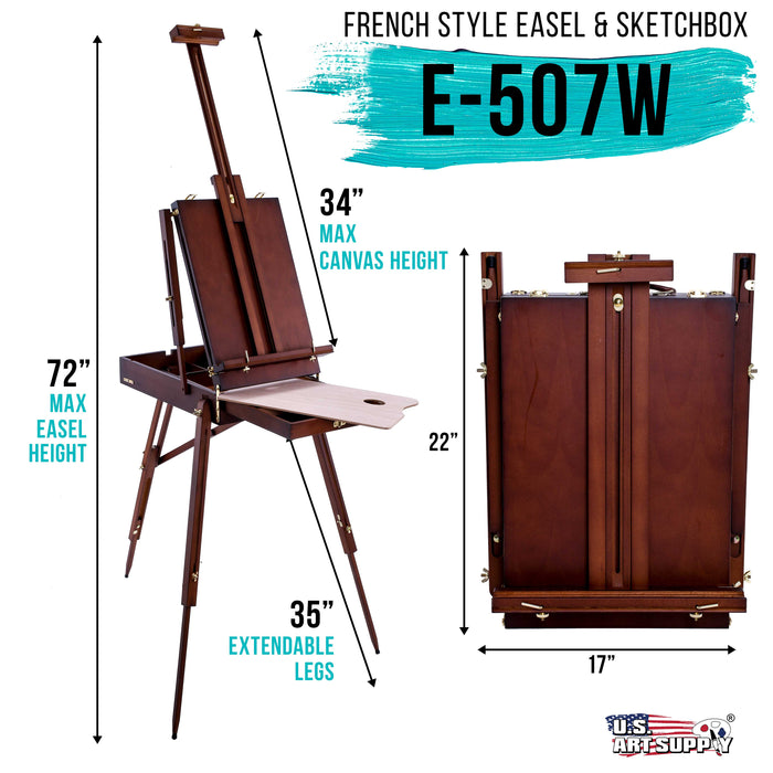 Coronado Walnut Easel, Large Adjustable Wooden French Style Field & Studio Sketchbox Tripod Easel with Drawer, Artist Wood Palette, Premium Beechwood