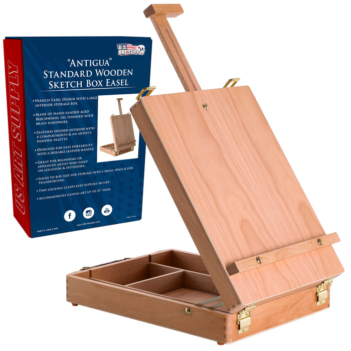 Antigua Adjustable Wood Table Sketchbox Easel, Premium Beechwood - Portable Wooden Artist Desktop Storage Case - Store Paint, Box for Painting Drawing