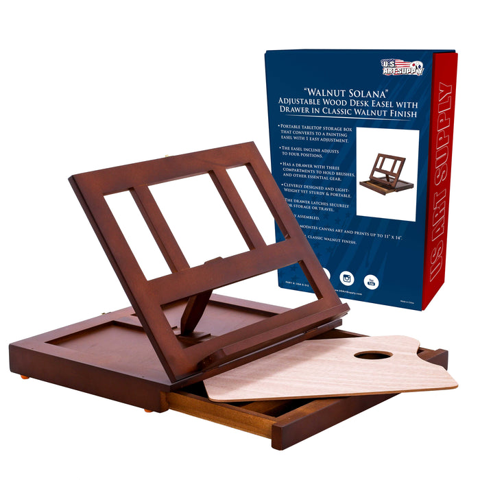 Walnut Solana Adjustable Wood Desk Table Easel with Storage Drawer, Paint Palette, Premium Beechwood - Portable Wooden Artist Desktop, Board, Stand