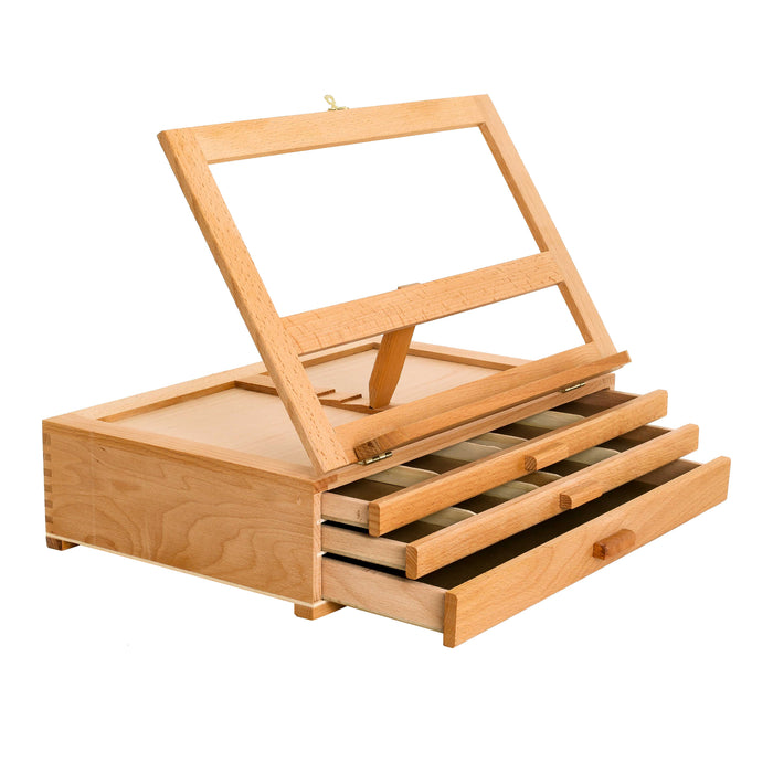 US Art Supply Grand Solana 3-Drawer Adjustable Wooden Storage Box with Fold Down Easel