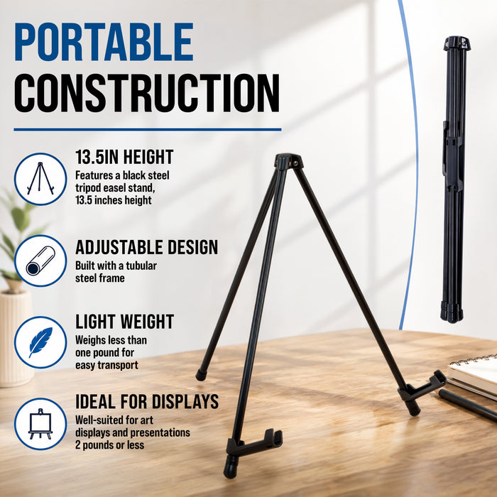 13.5" Black Metal Tabletop Easel Stand (6 Pack) - Foldable Tripod Table Top Easel Stand for Sign, Art, Poster Board, Canvas & Photos - Display Table Easels with Non-Skid Feet