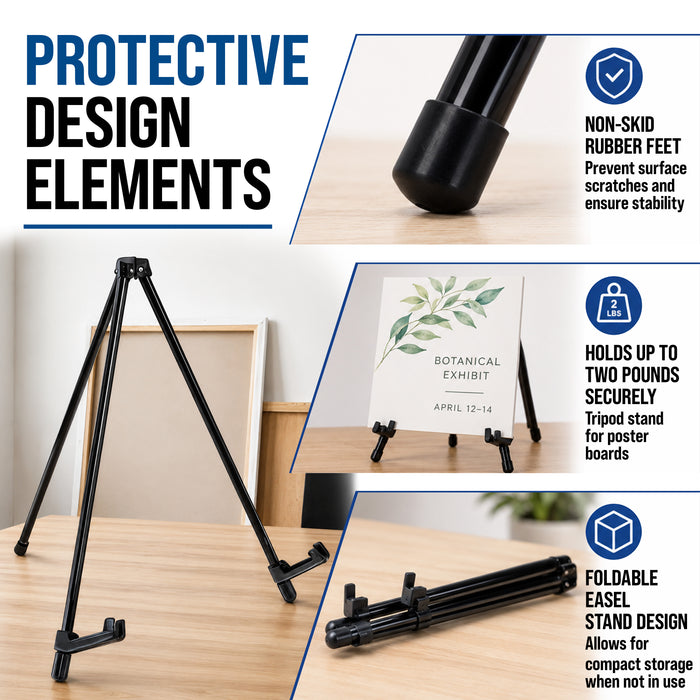 13.5" Black Metal Tabletop Easel Stand (6 Pack) - Foldable Tripod Table Top Easel Stand for Sign, Art, Poster Board, Canvas & Photos - Display Table Easels with Non-Skid Feet