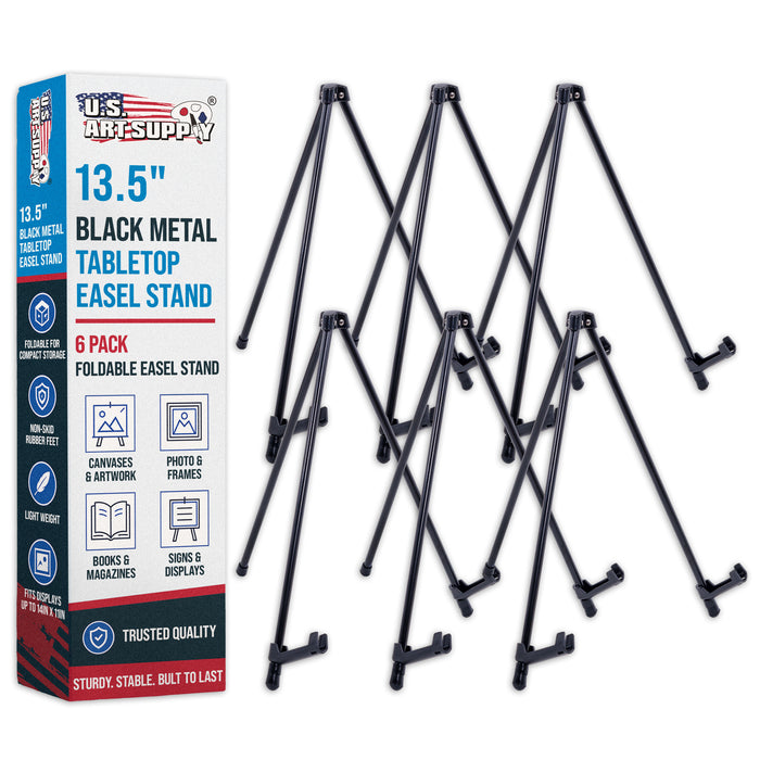 13.5" Black Metal Tabletop Easel Stand (6 Pack) - Foldable Tripod Table Top Easel Stand for Sign, Art, Poster Board, Canvas & Photos - Display Table Easels with Non-Skid Feet