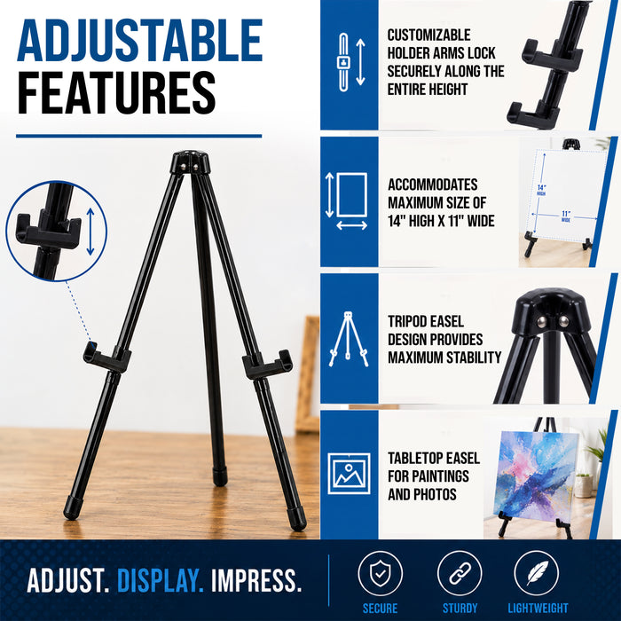 13.5" Black Metal Tabletop Easel Stand - Foldable Tripod Table Top Easel Stand for Sign, Art, Poster Board, Canvas & Photos - Display Table Easels with Non-Skid Feet