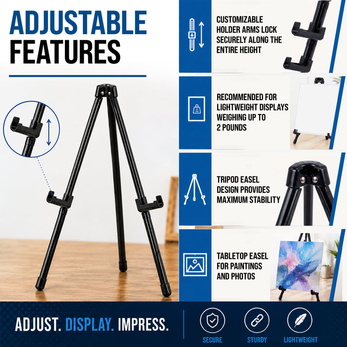 13.5" Black Metal Tabletop Easel Stand - Foldable Tripod Table Top Easel Stand for Sign, Art, Poster Board, Canvas & Photos - Display Table Easels with Non-Skid Feet