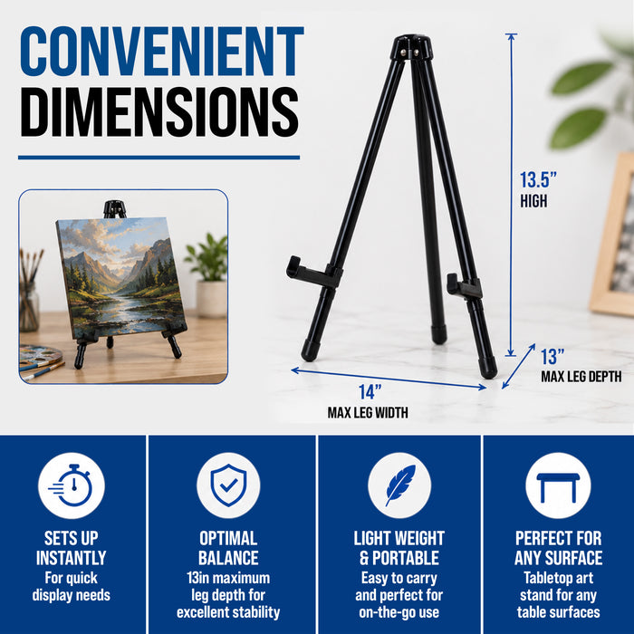 13.5" Black Metal Tabletop Easel Stand - Foldable Tripod Table Top Easel Stand for Sign, Art, Poster Board, Canvas & Photos - Display Table Easels with Non-Skid Feet