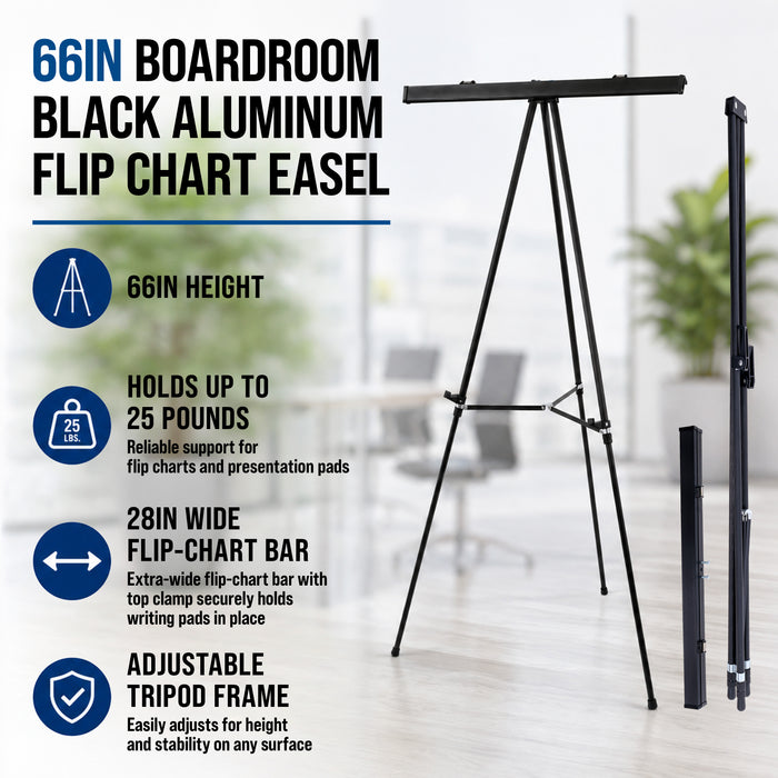 66" High Boardroom Black Aluminum Flip Chart Easel & Presentation Stand (10 Pack) - Adjustable Floor/Tabletop, Portable Tripod, Holds 25 lbs., for Chart Paper, Poster Boards, & Pads