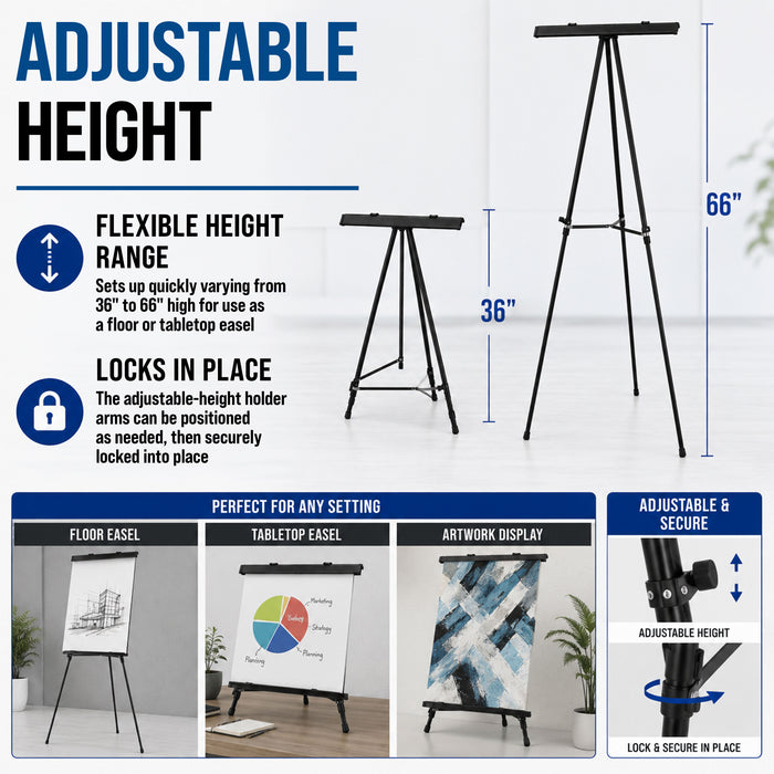 66" High Boardroom Black Aluminum Flip Chart Easel & Presentation Stand (10 Pack) - Adjustable Floor/Tabletop, Portable Tripod, Holds 25 lbs., for Chart Paper, Poster Boards, & Pads