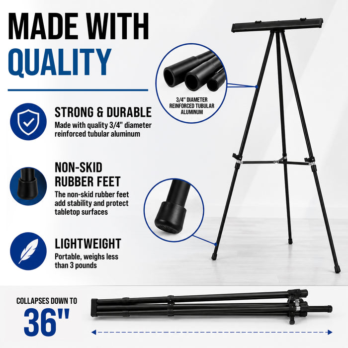 66" High Boardroom Black Aluminum Flip Chart Easel & Presentation Stand (10 Pack) - Adjustable Floor/Tabletop, Portable Tripod, Holds 25 lbs., for Chart Paper, Poster Boards, & Pads