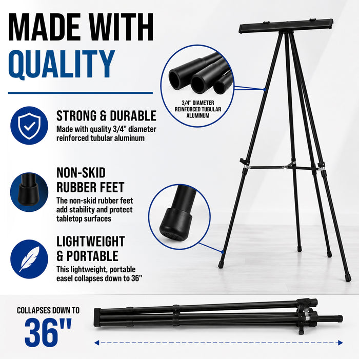 66" High Boardroom Black Aluminum Flip Chart Easel & Presentation Stand (10 Pack) - Adjustable Floor/Tabletop, Portable Tripod, Holds 25 lbs., for Chart Paper, Poster Boards, & Pads