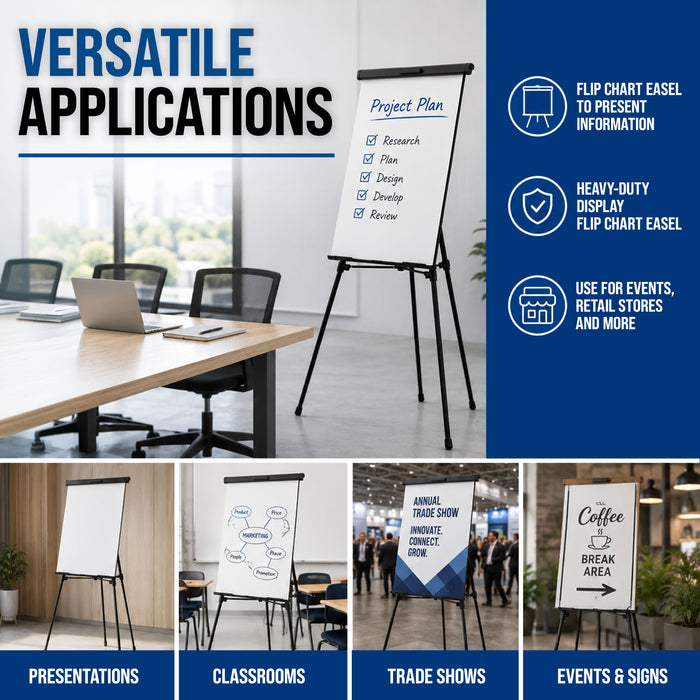 66" High Boardroom Black Aluminum Flip Chart Easel & Presentation Stand (10 Pack) - Adjustable Floor/Tabletop, Portable Tripod, Holds 25 lbs., for Chart Paper, Poster Boards, & Pads