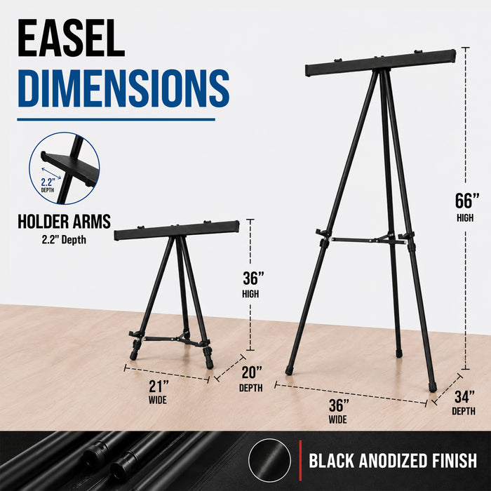 66" High Boardroom Black Aluminum Flip Chart Easel & Presentation Stand (10 Pack) - Adjustable Floor/Tabletop, Portable Tripod, Holds 25 lbs., for Chart Paper, Poster Boards, & Pads