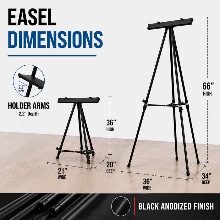 66" High Boardroom Black Aluminum Flip Chart Easel & Presentation Stand (10 Pack) - Adjustable Floor/Tabletop, Portable Tripod, Holds 25 lbs., for Chart Paper, Poster Boards, & Pads