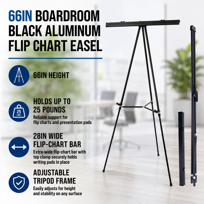 66" High Boardroom Black Aluminum Flip Chart Easel & Presentation Stand (4 Pack) - Adjustable Floor/Tabletop, Portable Tripod, Holds 25 lbs., for Chart Paper, Poster Boards, & Pads