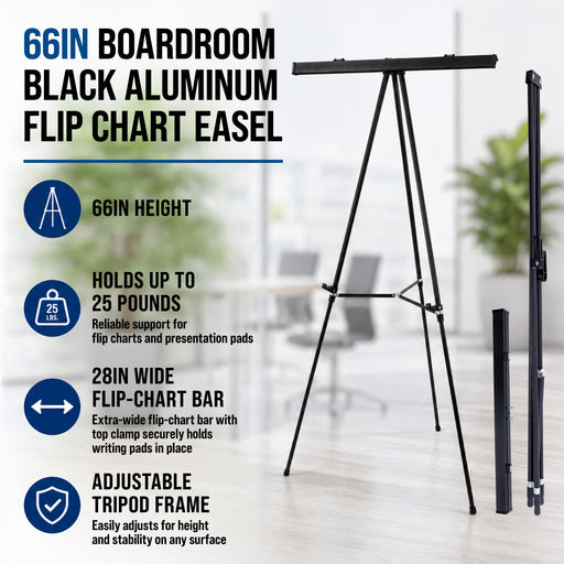 66" High Boardroom Black Aluminum Flip Chart Easel & Presentation Stand (4 Pack) - Adjustable Floor/Tabletop, Portable Tripod, Holds 25 lbs., for Chart Paper, Poster Boards, & Pads