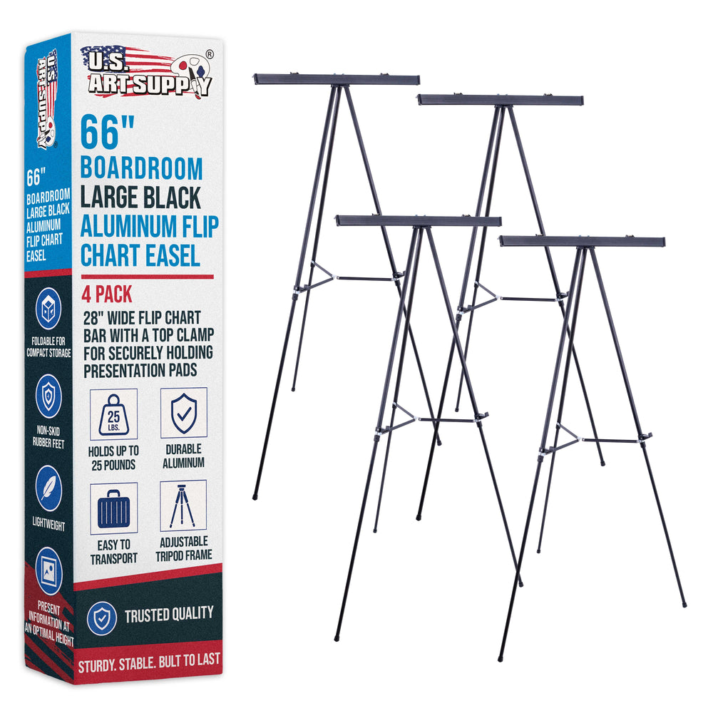 66" High Boardroom Black Aluminum Flip Chart Easel & Presentation Stand (4 Pack) - Adjustable Floor/Tabletop, Portable Tripod, Holds 25 lbs., for Chart Paper, Poster Boards, & Pads
