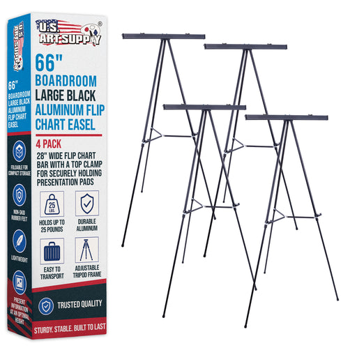 66" High Boardroom Black Aluminum Flip Chart Easel & Presentation Stand (4 Pack) - Adjustable Floor/Tabletop, Portable Tripod, Holds 25 lbs., for Chart Paper, Poster Boards, & Pads