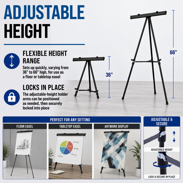66" High Boardroom Black Aluminum Flip Chart Easel & Presentation Stand - Adjustable Floor/Tabletop, Portable Tripod, Holds 25 lbs., for Chart Paper, Poster Boards, & Pads