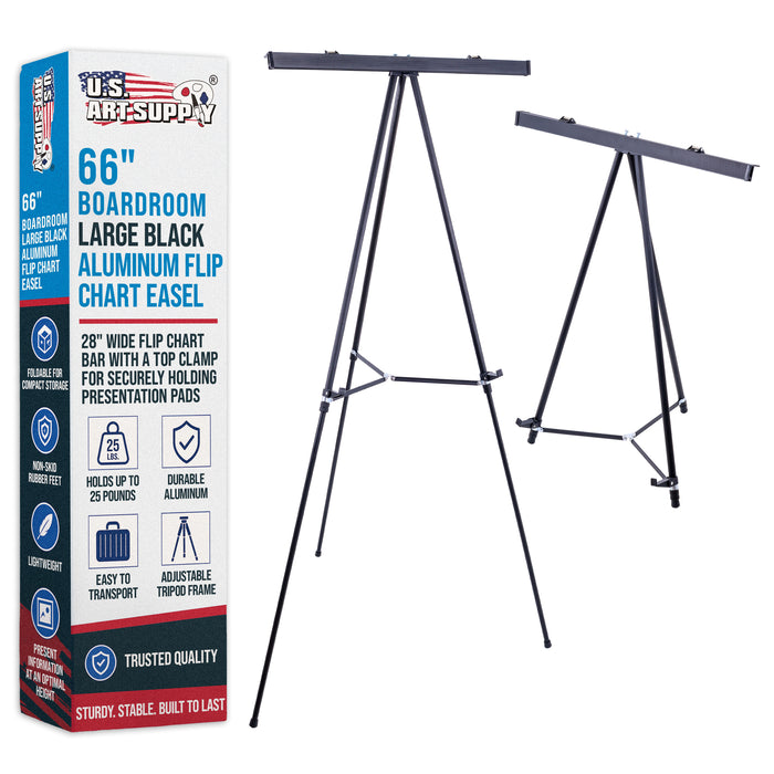 66" High Boardroom Black Aluminum Flip Chart Easel & Presentation Stand - Adjustable Floor/Tabletop, Portable Tripod, Holds 25 lbs., for Chart Paper, Poster Boards, & Pads