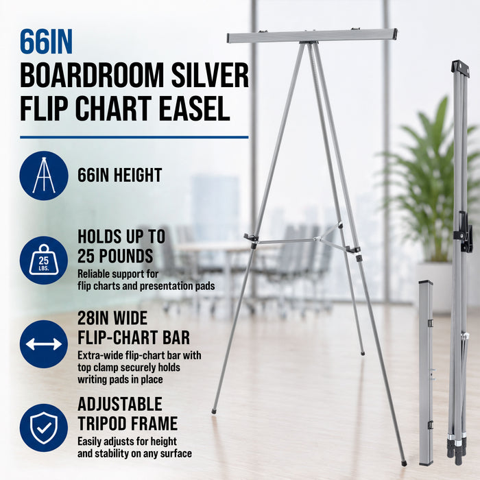 66" High Boardroom Classroom Silver Flip Chart Easel & Presentation Stand (10 Pack) - Adjustable Floor/Tabletop, Portable Tripod, Holds 25 lbs., for Chart Paper, Poster Boards, & Pads