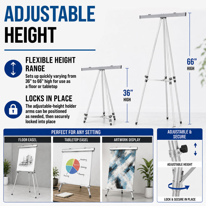 66" High Boardroom Classroom Silver Flip Chart Easel & Presentation Stand (10 Pack) - Adjustable Floor/Tabletop, Portable Tripod, Holds 25 lbs., for Chart Paper, Poster Boards, & Pads