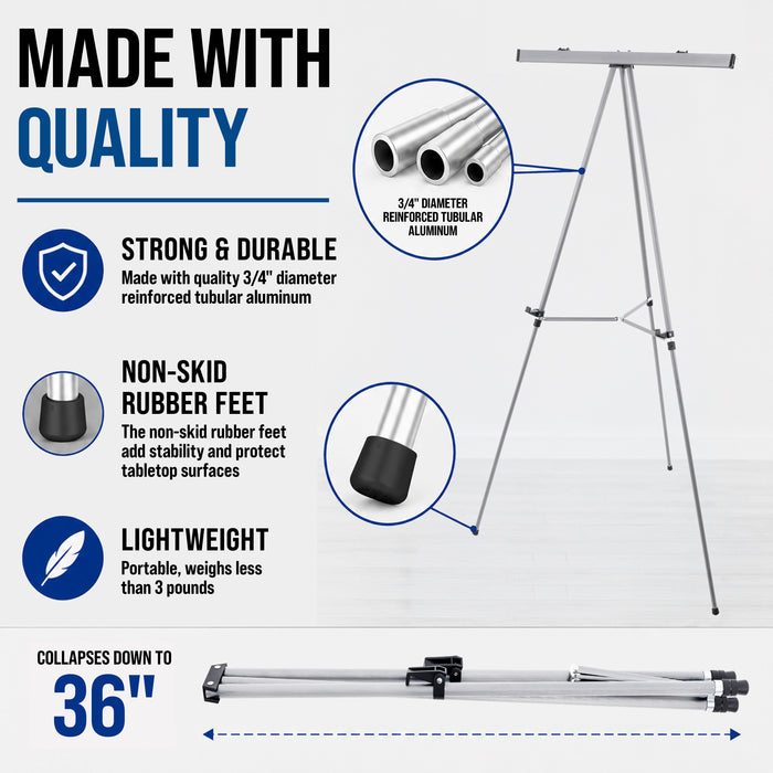 66" High Boardroom Classroom Silver Flip Chart Easel & Presentation Stand (10 Pack) - Adjustable Floor/Tabletop, Portable Tripod, Holds 25 lbs., for Chart Paper, Poster Boards, & Pads