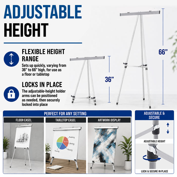 66" High Boardroom Classroom Silver Flip Chart Easel & Presentation Stand (10 Pack) - Adjustable Floor/Tabletop, Portable Tripod, Holds 25 lbs., for Chart Paper, Poster Boards, & Pads