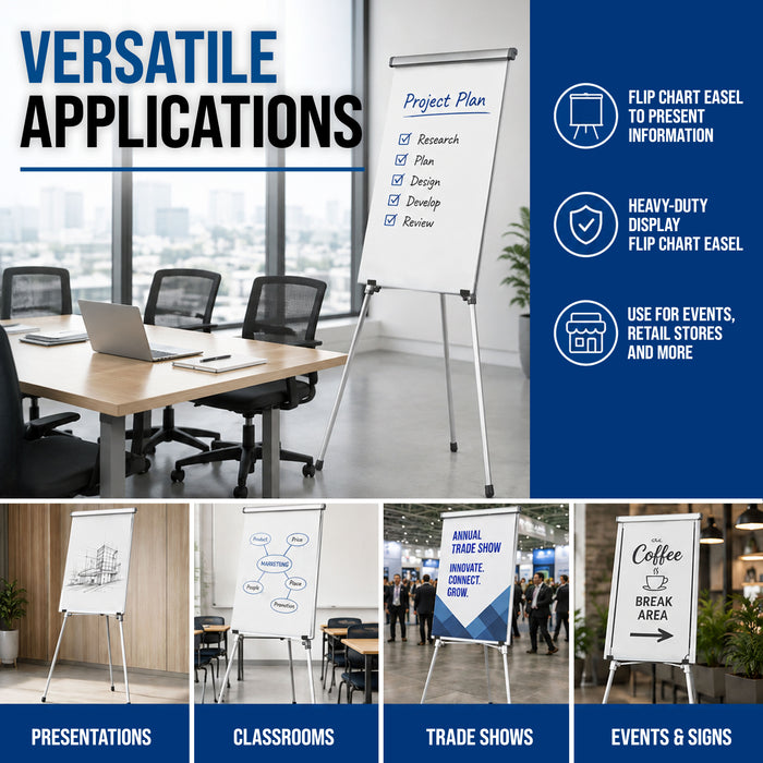 66" High Boardroom Classroom Silver Flip Chart Easel & Presentation Stand (10 Pack) - Adjustable Floor/Tabletop, Portable Tripod, Holds 25 lbs., for Chart Paper, Poster Boards, & Pads