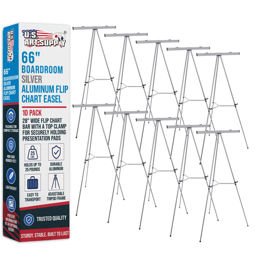 66" High Boardroom Classroom Silver Flip Chart Easel & Presentation Stand (10 Pack) - Adjustable Floor/Tabletop, Portable Tripod, Holds 25 lbs., for Chart Paper, Poster Boards, & Pads