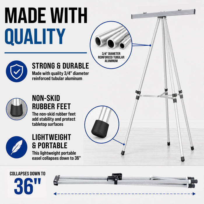 66" High Classroom Silver Aluminum Flip Chart Easel & Presentation Stand (4 Pack) - Adjustable Floor/Tabletop, Portable Tripod, Holds 25 lbs., for Chart Paper, Poster Boards, & Pads