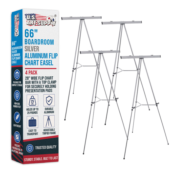 66" High Classroom Silver Aluminum Flip Chart Easel & Presentation Stand (4 Pack) - Adjustable Floor/Tabletop, Portable Tripod, Holds 25 lbs., for Chart Paper, Poster Boards, & Pads
