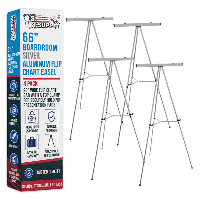 66" High Classroom Silver Aluminum Flip Chart Easel & Presentation Stand (4 Pack) - Adjustable Floor/Tabletop, Portable Tripod, Holds 25 lbs., for Chart Paper, Poster Boards, & Pads