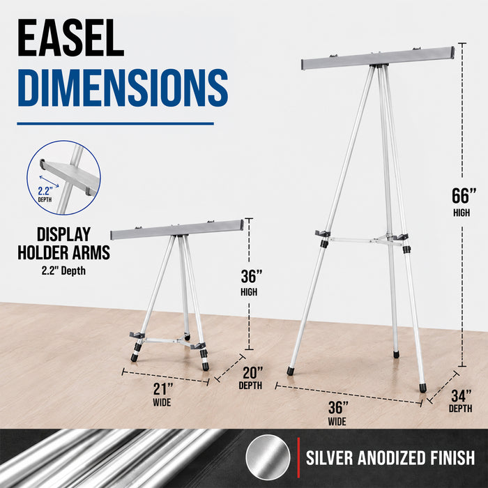 66" High Classroom Silver Aluminum Flip Chart Easel & Presentation Stand - Adjustable Floor/Tabletop, Portable Tripod, Holds 25 lbs., for Chart Paper, Poster Boards, & Pads