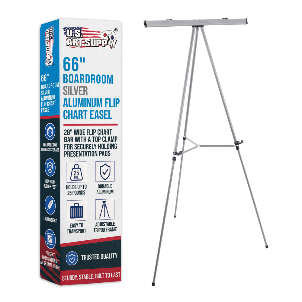 66" High Classroom Silver Aluminum Flip Chart Easel & Presentation Stand - Adjustable Floor/Tabletop, Portable Tripod, Holds 25 lbs., for Chart Paper, Poster Boards, & Pads
