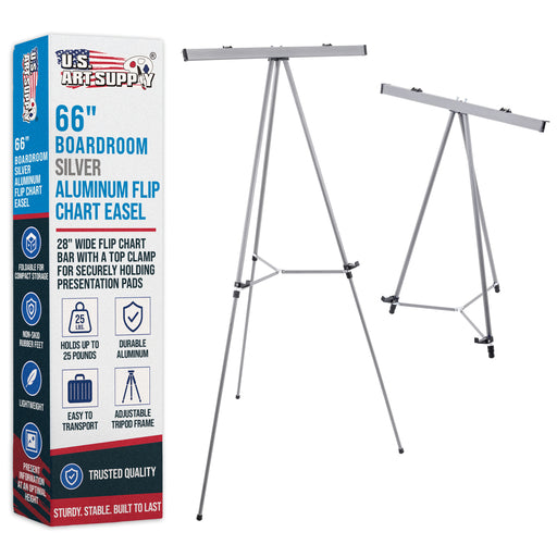 66" High Classroom Silver Aluminum Flip Chart Easel & Presentation Stand - Adjustable Floor/Tabletop, Portable Tripod, Holds 25 lbs., for Chart Paper, Poster Boards, & Pads