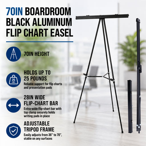 70" High Boardroom XL Black Aluminum Flip Chart Easel & Presentation Stand (6 Pack) - Adjustable Floor/Tabletop, Portable Tripod, Holds 45 lbs, for Chart Paper, Poster Boards, & Pads