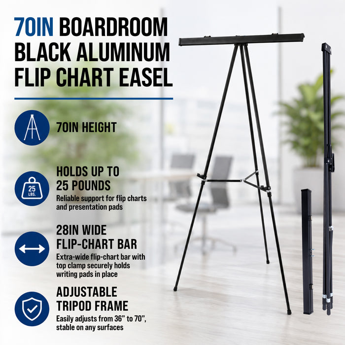 70" High Boardroom XL Black Aluminum Flip Chart Easel & Presentation Stand (6 Pack) - Adjustable Floor/Tabletop, Portable Tripod, Holds 45 lbs, for Chart Paper, Poster Boards, & Pads