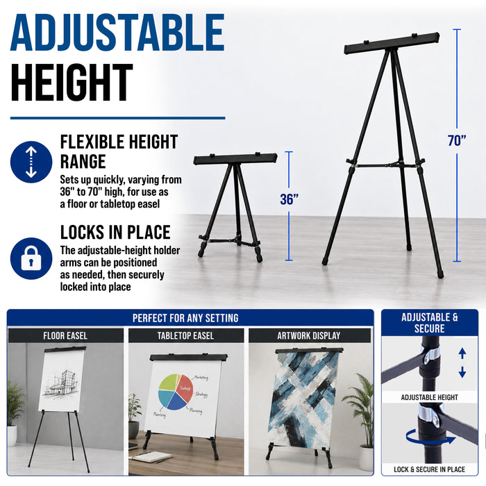 70" High Boardroom XL Black Aluminum Flip Chart Easel & Presentation Stand (6 Pack) - Adjustable Floor/Tabletop, Portable Tripod, Holds 45 lbs, for Chart Paper, Poster Boards, & Pads