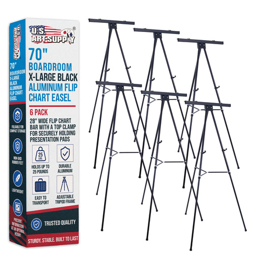 70" High Boardroom XL Black Aluminum Flip Chart Easel & Presentation Stand (6 Pack) - Adjustable Floor/Tabletop, Portable Tripod, Holds 45 lbs, for Chart Paper, Poster Boards, & Pads