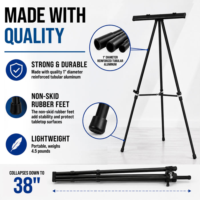 70" High Boardroom XL Black Aluminum Flip Chart Easel & Presentation Stand - Adjustable Floor/Tabletop, Portable Tripod, Holds 45 lbs, for Chart Paper, Poster Boards, & Pads