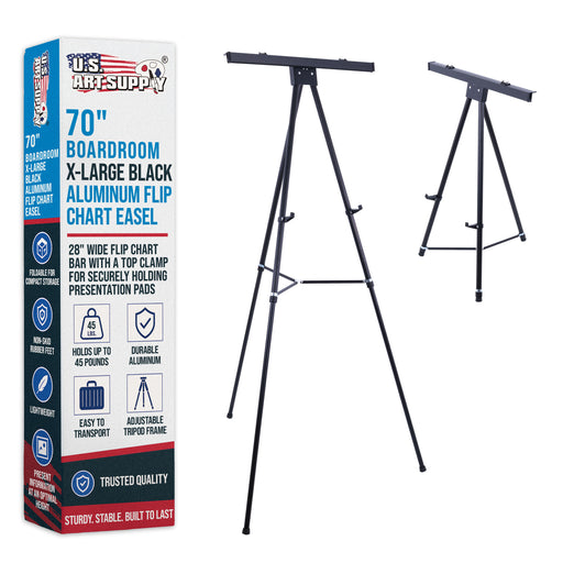 70" High Boardroom XL Black Aluminum Flip Chart Easel & Presentation Stand - Adjustable Floor/Tabletop, Portable Tripod, Holds 45 lbs, for Chart Paper, Poster Boards, & Pads