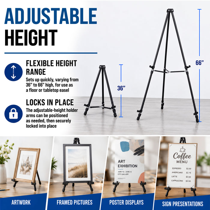 66" High Black Metal Display Easel (10 Pack) - Large Adjustable Height Portable Easel Stand, Sign Display, Holds 25 lbs - Floor & Tabletop Easels, Painting Stand