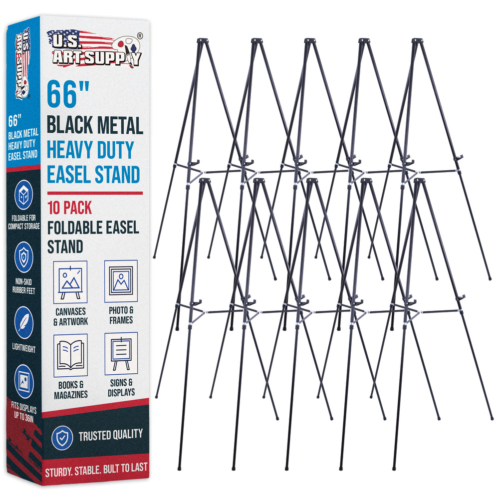 66" High Black Metal Display Easel (10 Pack) - Large Adjustable Height Portable Easel Stand, Sign Display, Holds 25 lbs - Floor & Tabletop Easels, Painting Stand