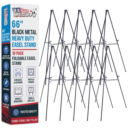 66" High Black Metal Display Easel (10 Pack) - Large Adjustable Height Portable Easel Stand, Sign Display, Holds 25 lbs - Floor & Tabletop Easels, Painting Stand