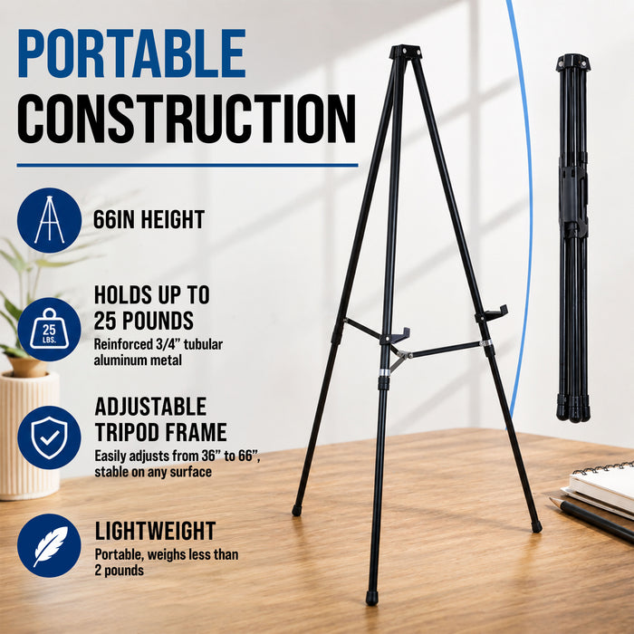 66" High Black Metal Display Easel - Large Adjustable Height Portable Easel Stand, Sign Display, Holds 25 lbs - Floor & Tabletop Easels, Painting Stand
