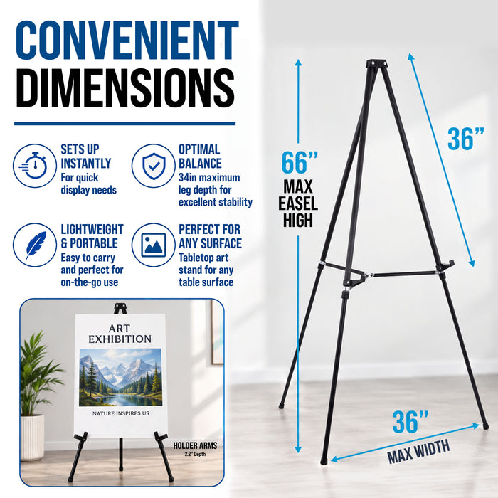 66" High Black Metal Display Easel - Large Adjustable Height Portable Easel Stand, Sign Display, Holds 25 lbs - Floor & Tabletop Easels, Painting Stand