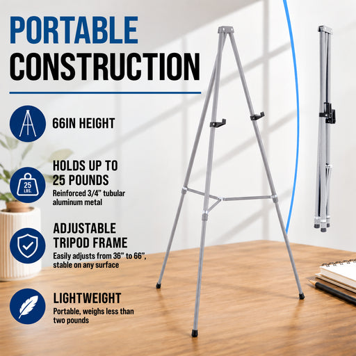 66" High Gallery Silver Metal Display Easel (10 Pack) - Large Adjustable Height Portable Easel Stand, Sign Display, Holds 25 lbs - Floor & Tabletop Easels, Painting Stand