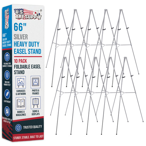 66" High Gallery Silver Metal Display Easel (10 Pack) - Large Adjustable Height Portable Easel Stand, Sign Display, Holds 25 lbs - Floor & Tabletop Easels, Painting Stand