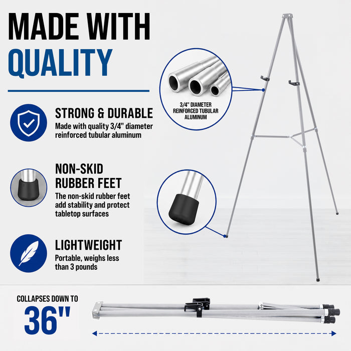 66" High Gallery Silver Metal Display Easel (4 Pack) - Large Adjustable Height Portable Easel Stand, Sign Display, Holds 25 lbs - Floor & Tabletop Easels, Painting Stand
