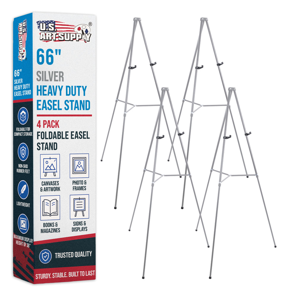 66" High Gallery Silver Metal Display Easel (4 Pack) - Large Adjustable Height Portable Easel Stand, Sign Display, Holds 25 lbs - Floor & Tabletop Easels, Painting Stand